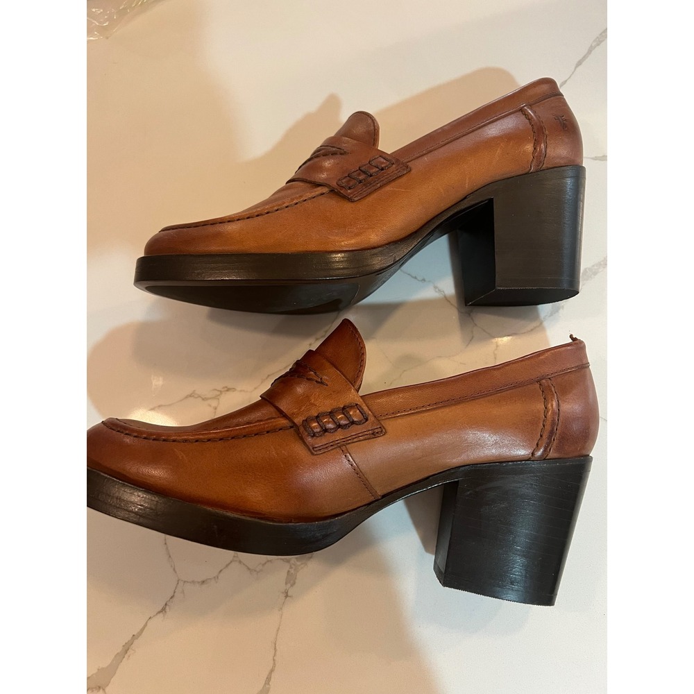 Frye Cara Penny Loafer Cognac Leather Block Heel Pumps Womens 8.5B - Picture 3 of 9